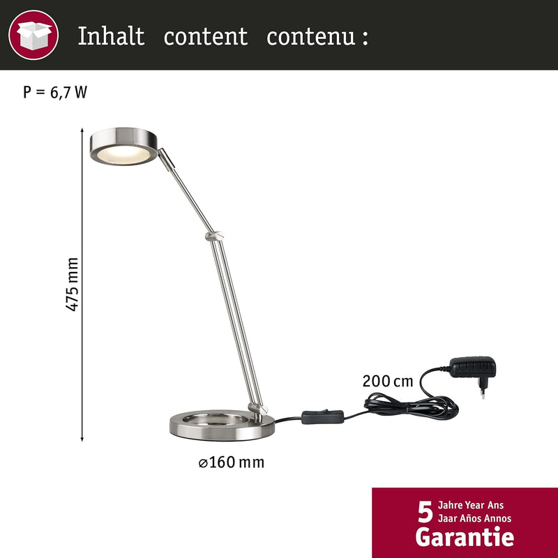 Paulmann 70245 LED Schreibtischleuchte Zed 6,7W Eisen gebürstet/Metall 70245 moderne Tischlampe Tisc