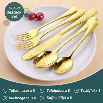 OGORI Besteck Set 8 Personen, 40 teilig Spiegelpolierte Gold Besteckset 18/10 Edelstahl Essbesteck S