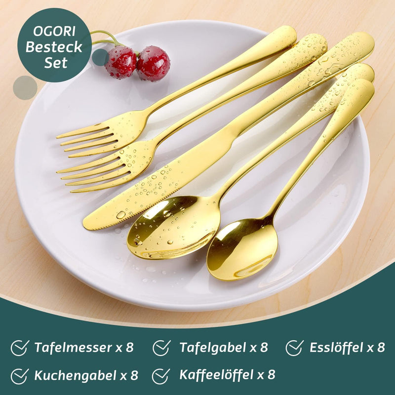 OGORI Besteck Set 8 Personen, 40 teilig Spiegelpolierte Gold Besteckset 18/10 Edelstahl Essbesteck S