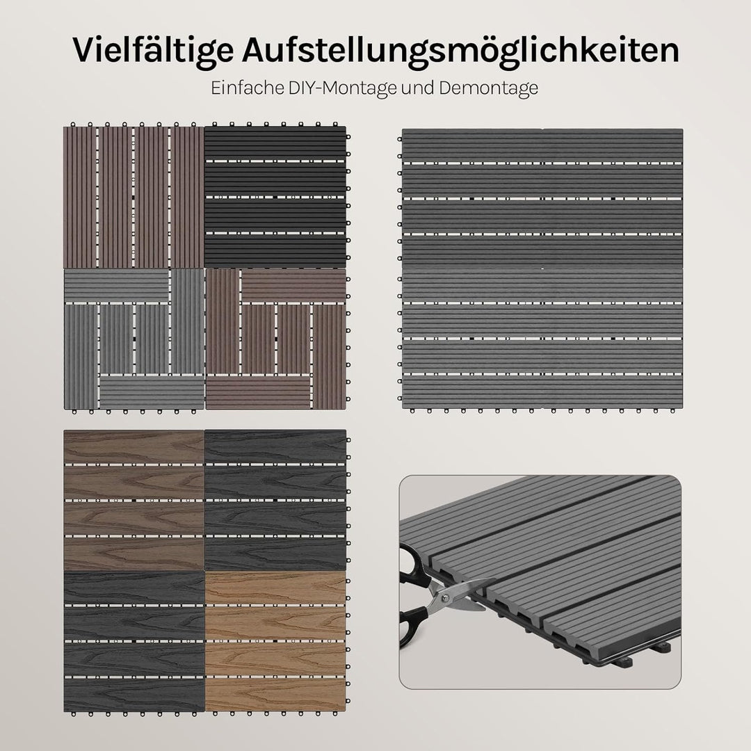WOLTU WPC Fliese, Terrassenfliesen Holz-Optik, Bodenbelag mit Klicksystem, 30 x 60 cm, Hellgrau (12