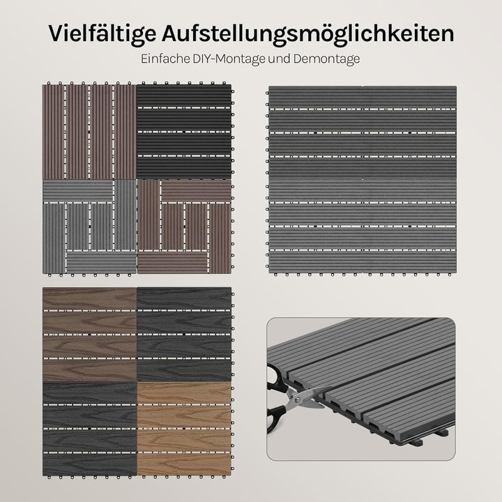 WOLTU WPC Fliese, Terrassenfliesen Holz-Optik, Bodenbelag mit Klicksystem, 30 x 60 cm, Hellgrau (12