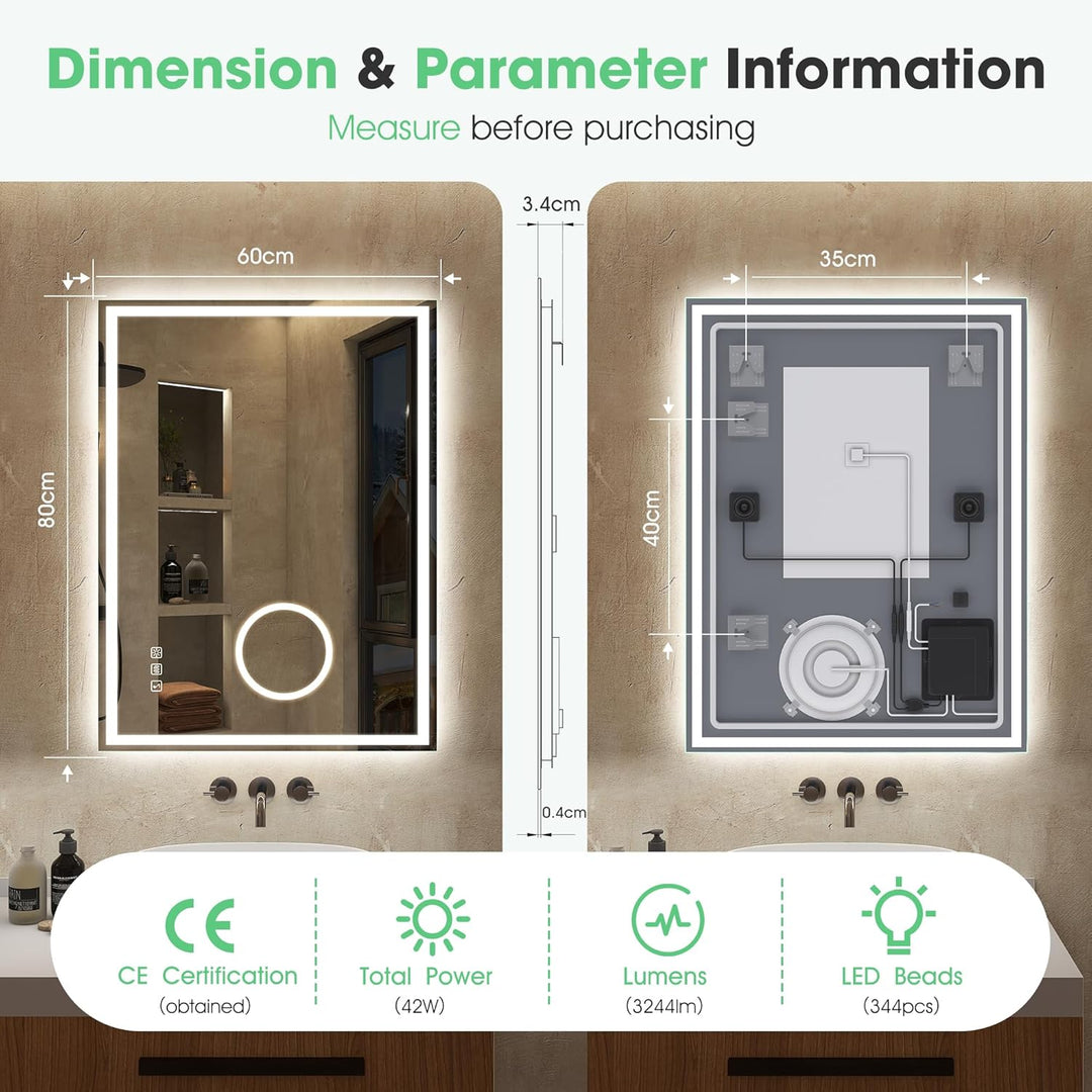 S'bagno Bluetooth Badezimmerspiegel mit Beleuchtung 80x60cm, Badspiegel mit Beleuchtung und 5fach-Lu