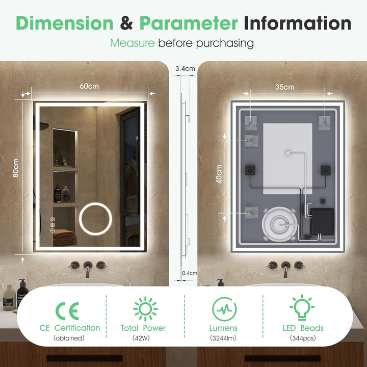 S'bagno Bluetooth Badezimmerspiegel mit Beleuchtung 80x60cm, Badspiegel mit Beleuchtung und 5fach-Lu