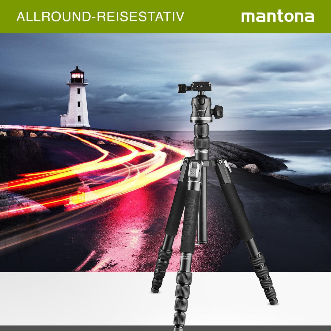 Mantona DSLM Travel Evolution 224 leichtes Allround Reisestativ mit Vollausstattung,360°Panorama Kug