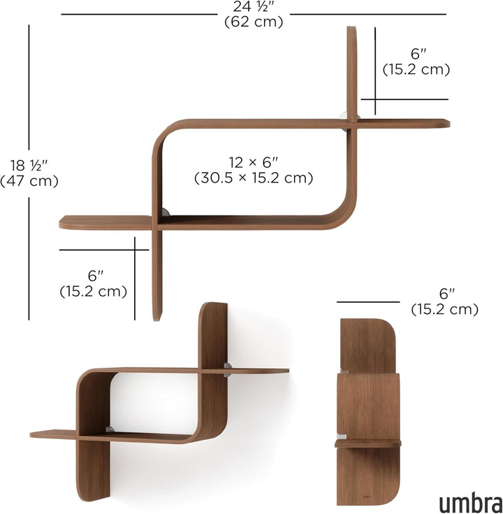 Umbra Montage Wandregal, Schweberegal aus Bugholz, Kautschukholz, Walnuss Antik, 62x15x47 cm Helle W