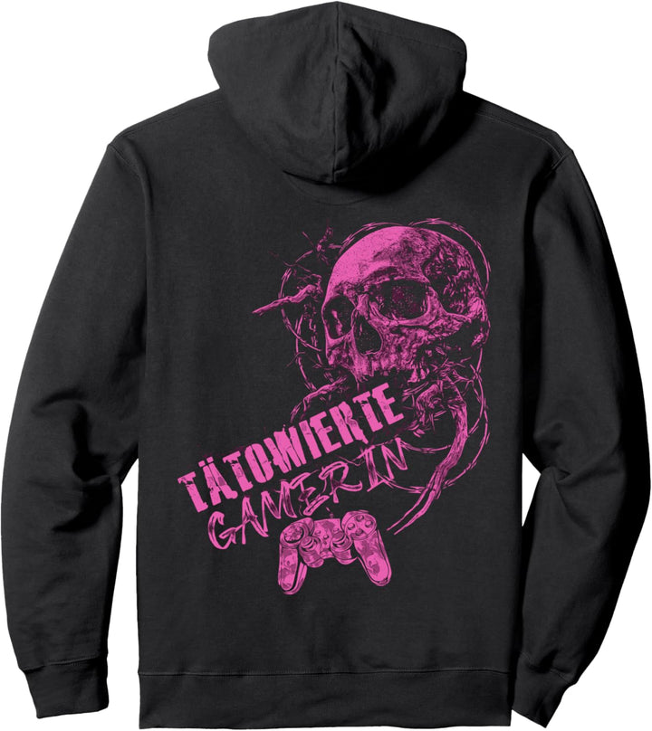 Tätowierte Gamerin Pink Skull Controller Pullover Hoodie