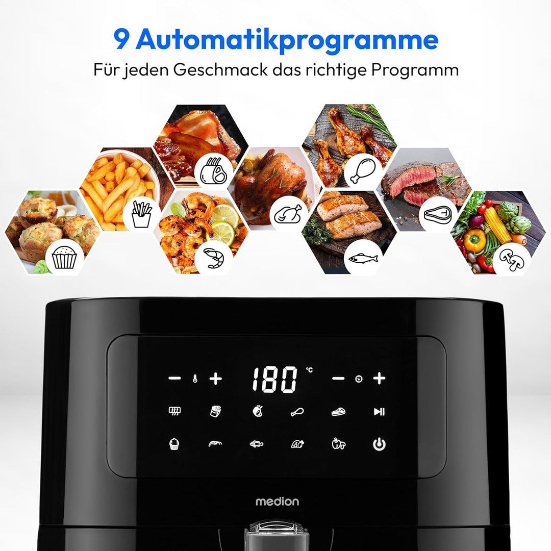 MEDION E40 XL Heissluftfritteuse (5,2 Liter Frittierkorb, 2.150 Watt, 9 Automatikprogramme, Backfunk