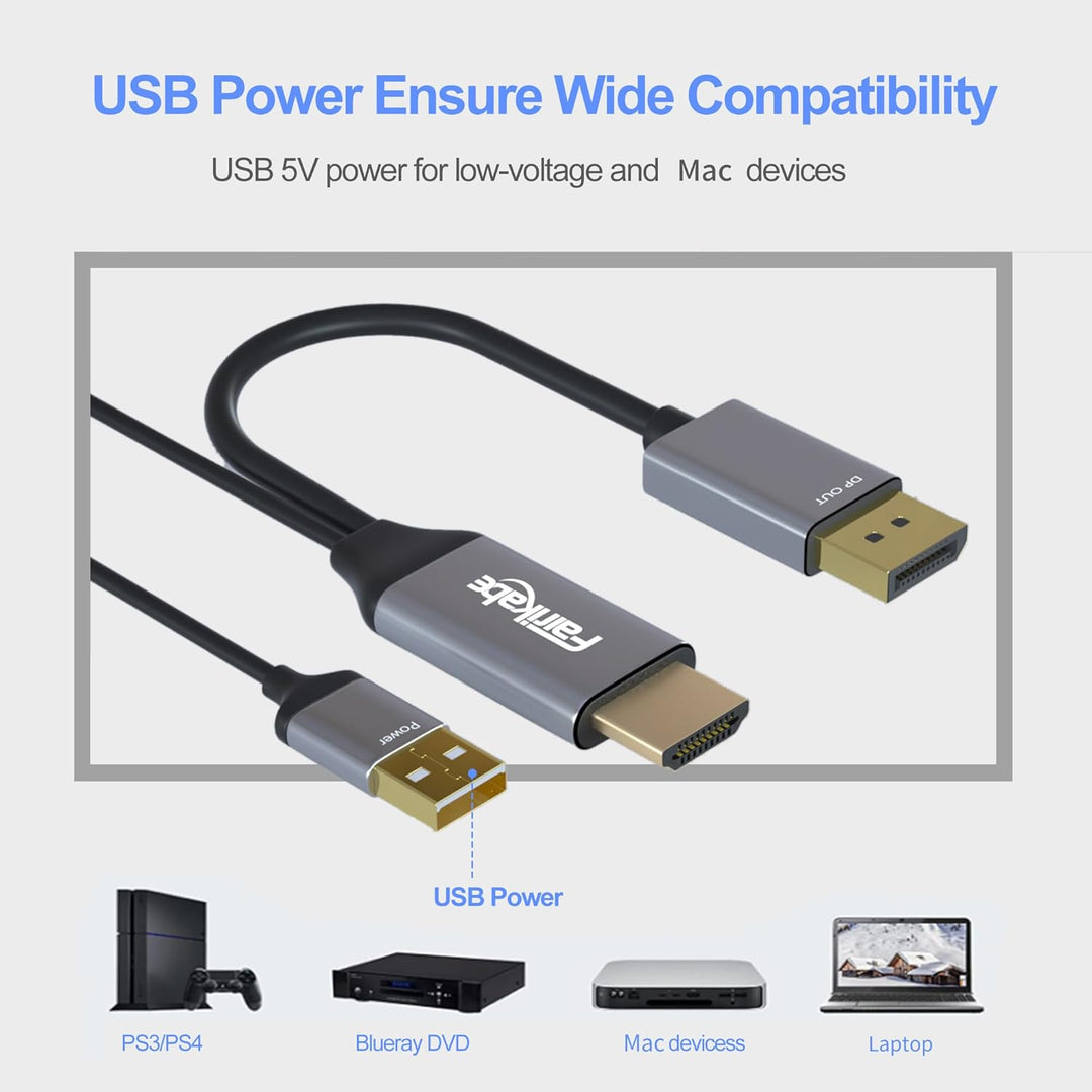 fairikabe Aktives HDMI-zu-Displayport-Kabel 4K@60Hz [6,6 FT/2 M, unidirektional], HDMI-Eingang zu DP