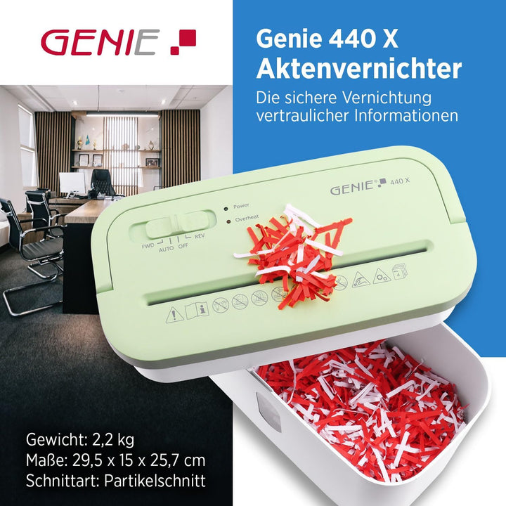 GENIE 440 X Aktenvernichter | Partikelschnitt 4x38 mm | Sicherheitsstufe P-4 | Leise 72 dB | Kompakt