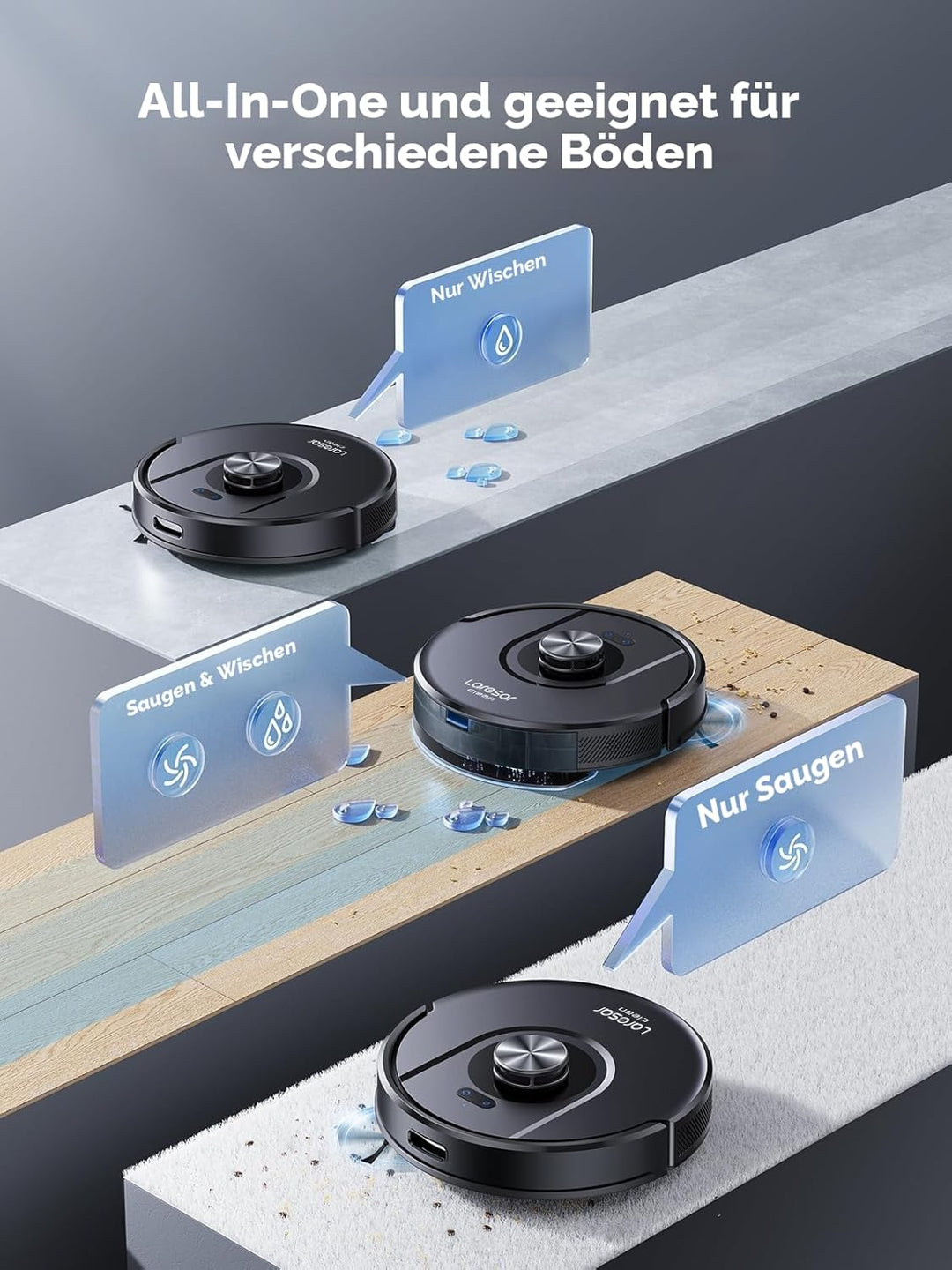 Laresar Clean Saugroboter mit Wischfunktion 3 in 1, 5000Pa Staubsauger Roboter mit Laser Navigation,
