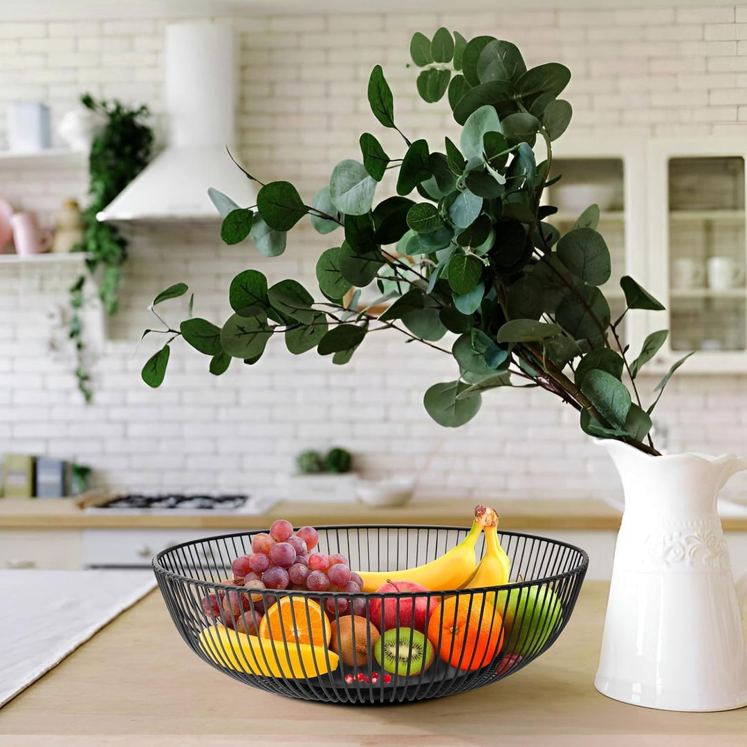 2er Set Obstkorb 28 cm - Obstkorb aus Metall in Schwarz Drahtdesign - Runder Korb für Küche, Brot un