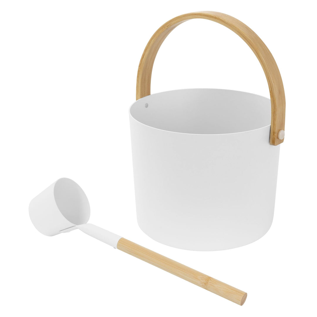 LuxeBath Saunazubehör-Set aus Aluminium & Bambus, Weiss, 2-TLG Sauna Set, Aufgusskübel mit klappbare