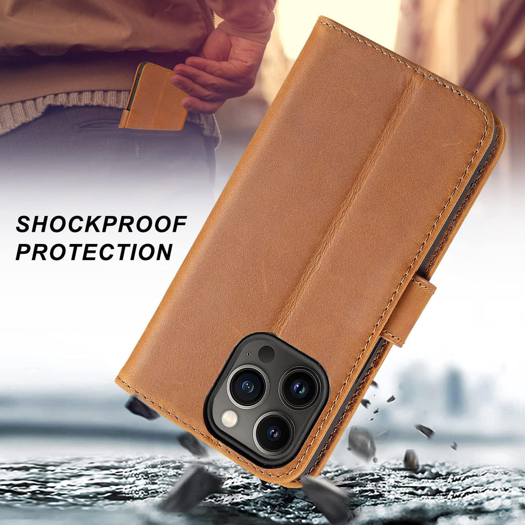 LENSUN Echtleder Hülle für iPhone 13 Pro, Handyhülle [Echtes Leder][Magnetverschluss][RFID Schutz] H