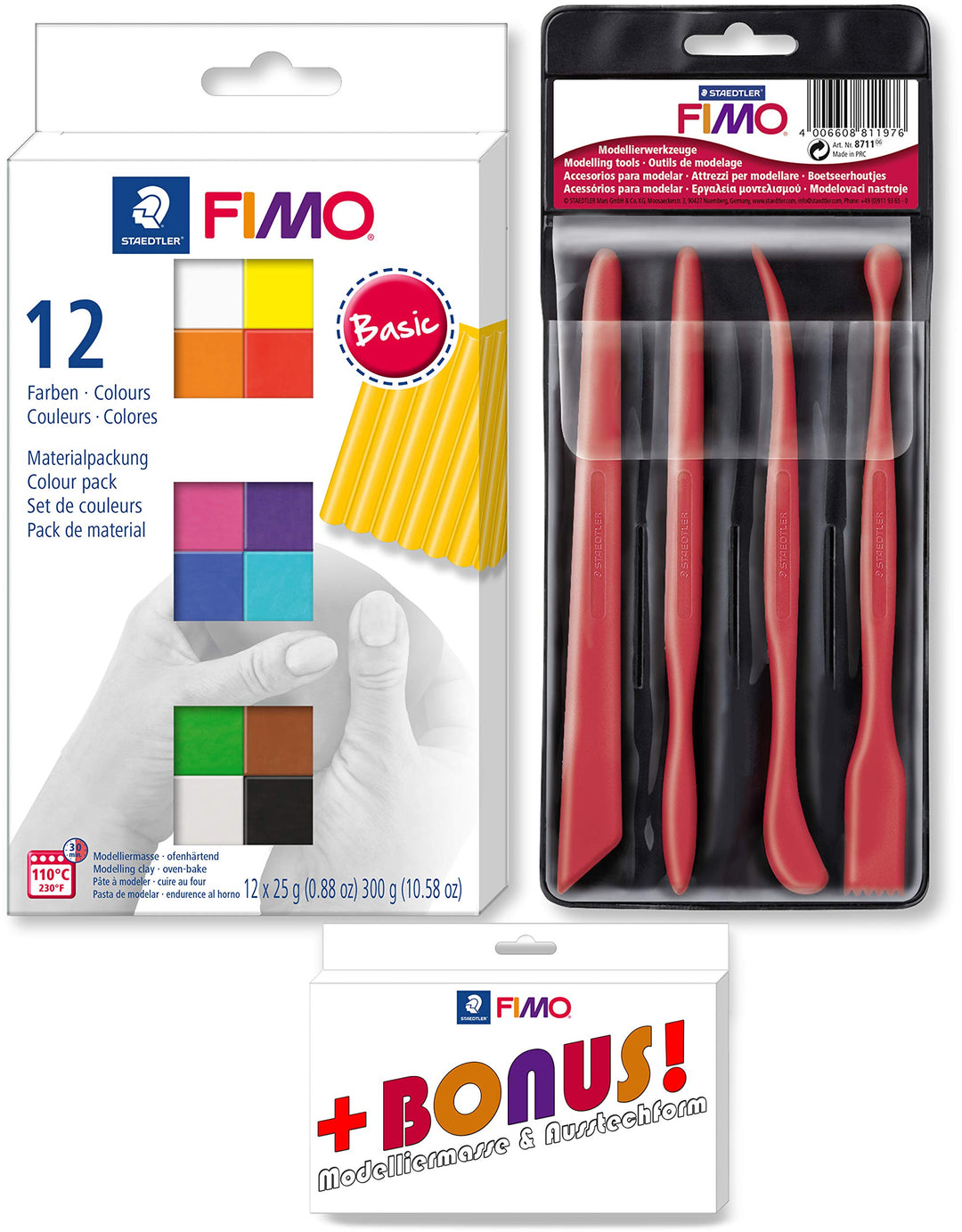 STAEDTLER FIMO 12er Materialpackung + Werkzeuge Set inkl. Bonus 1 12er + Werkzeuge Set, 1 12er + Wer