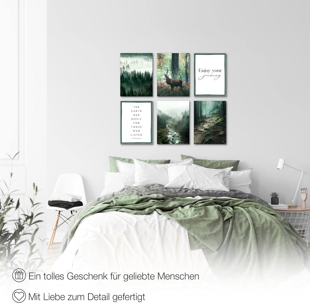 Novart Set Wandbilder - KEIN EXTRA RAMEN BENÖTIGT - Wohnzimmer Schlafzimmer - Bilder Modern Wald Hir