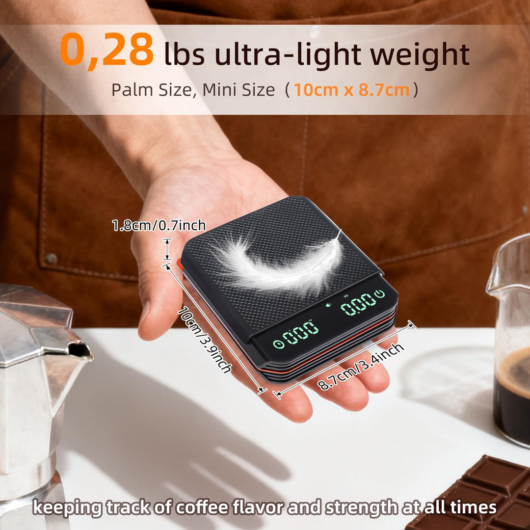 Carehabi Küchenwaage Digital mit Timer 0,1g Hochpräzisions Espressowaage 2KG Mini Kaffeewaage mit Si
