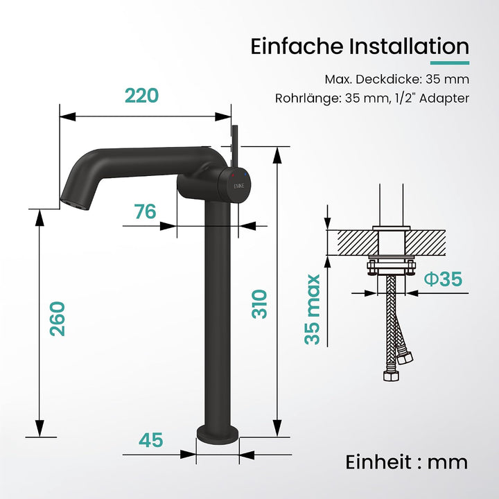 EMKE Wasserhahn Bad Schwarz Matt, 332 x 220 x 76 mm, Messing, Keramikkartusche, Badarmatur, Wasserha