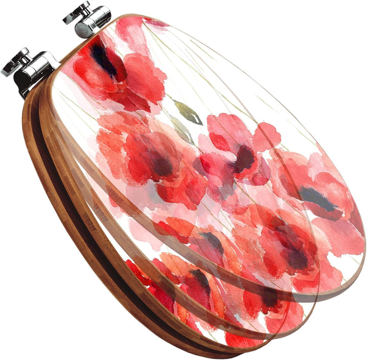 banjado® Design WC Sitz Bambus Absenkautomatik mit Motiv Mohn Aquarell/Toilettendeckel mit Absenkaut