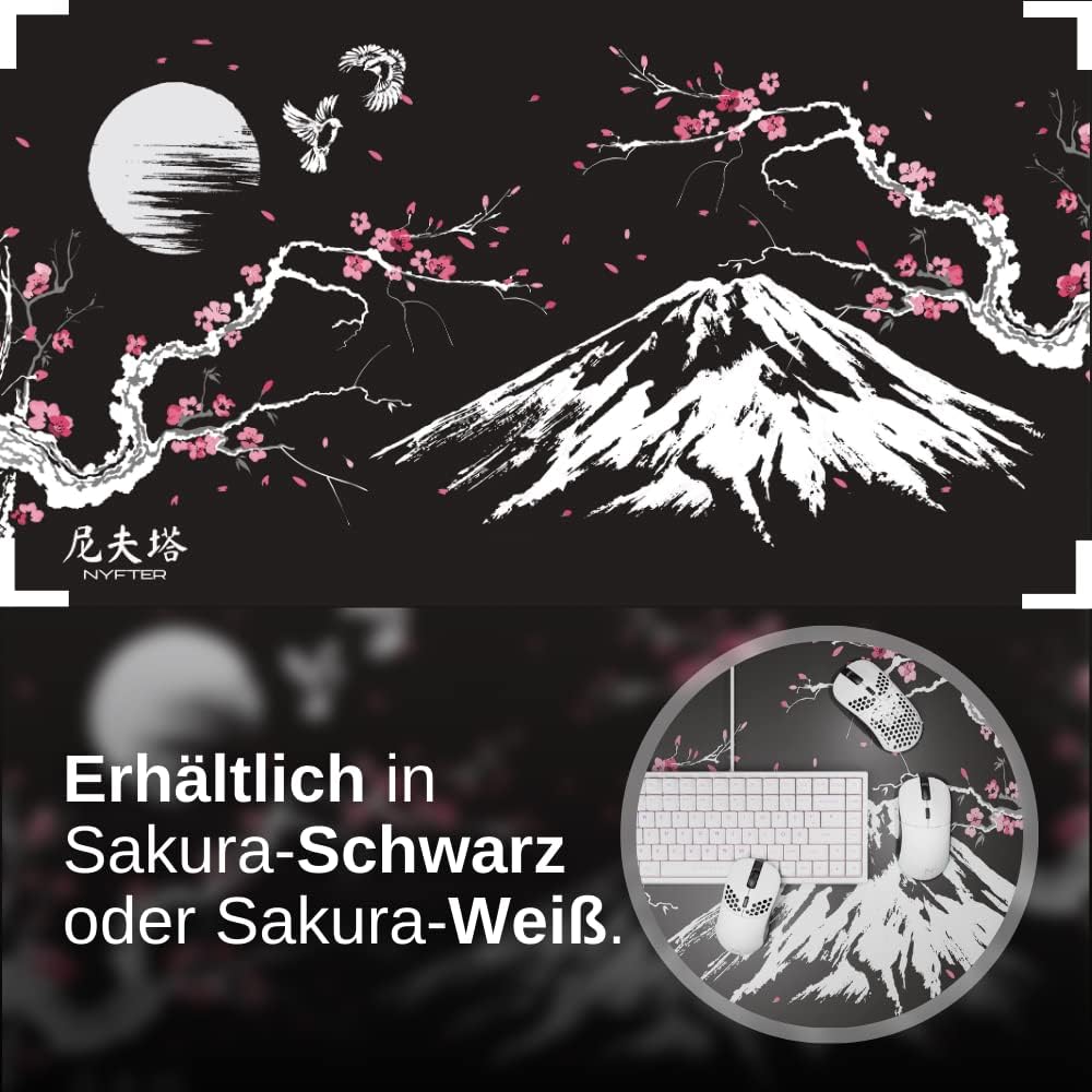 Nyfter - 3XL Gaming Mauspad Sakura Schwarz 1200 x 600mm Premium Fuji Mousepad Size Gross vernähte Ka