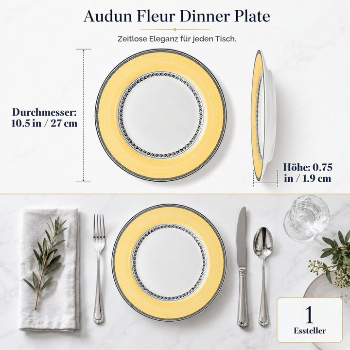 Villeroy und Boch Audun Fleur Speiseteller, 27 cm, Premium Porzellan, Weiss/Grau/Gelb 27 cm Flache P