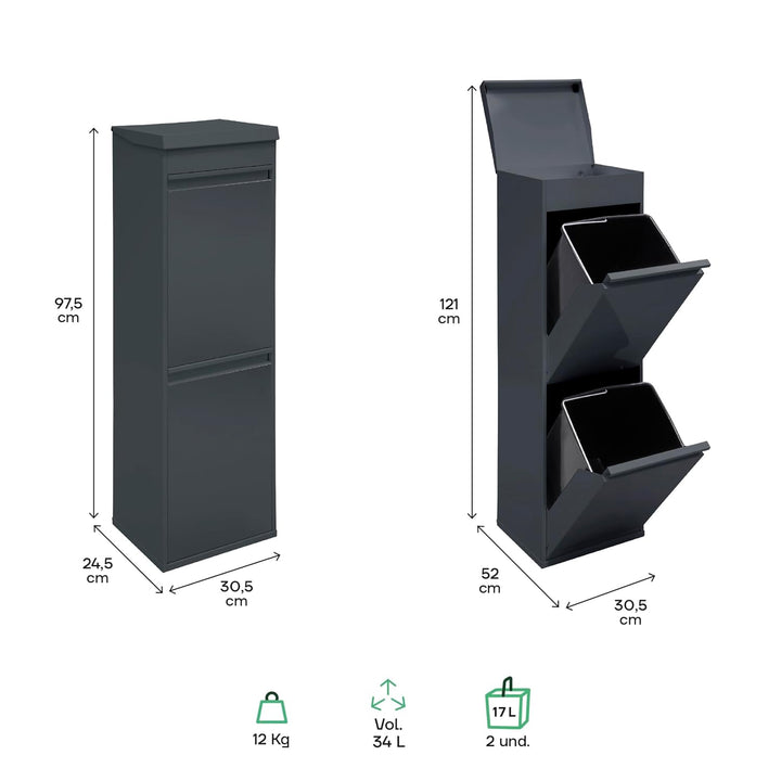 Arregui Top CR224-B Recycling Abfalleimer / Mülleimer aus Stahl mit Aufbewahrungsbox mit Deckel, Mül