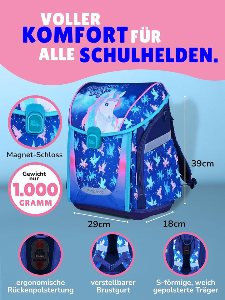 Familando - Premium Schulranzen Set - 6-teilig mit Sporttasche - Unicorn (Einhorn) - Ergonomisch, st
