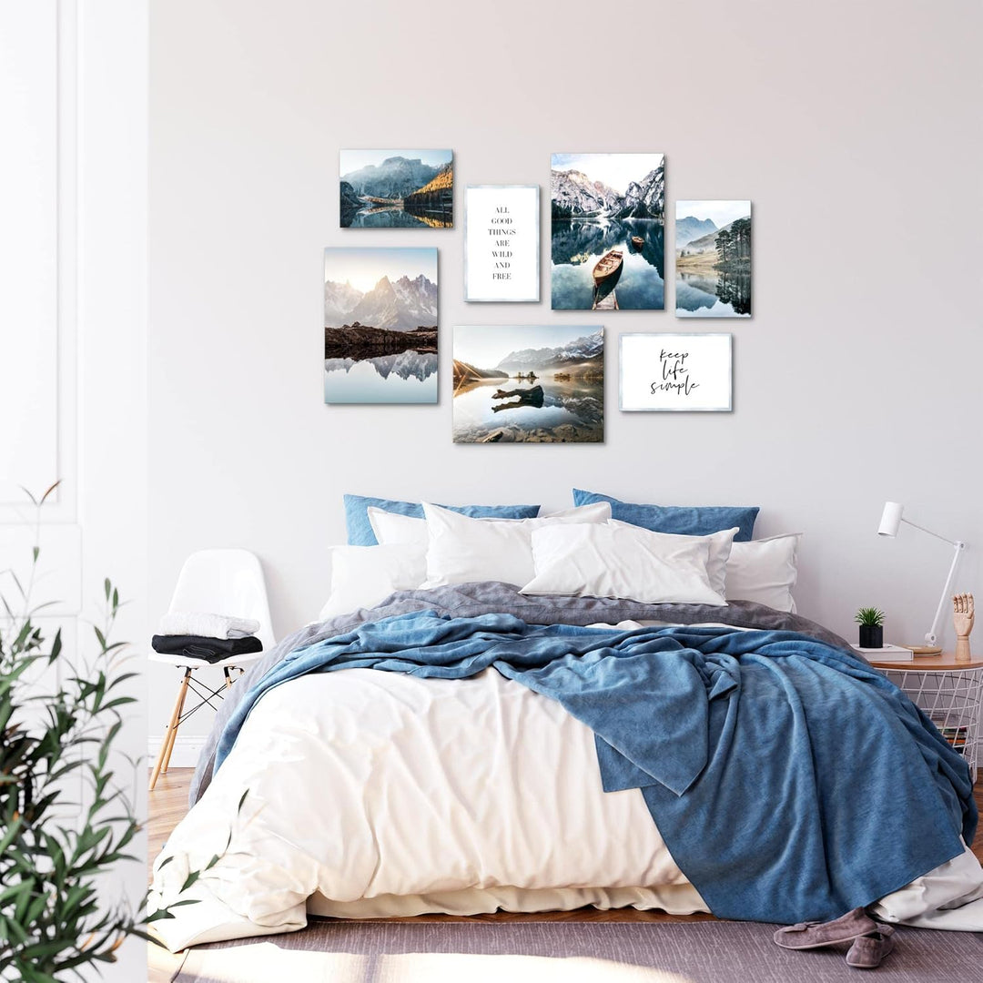 Novart Wandbilder See Berge blau - KOMPLETT AUFHÄNGFERTIG - Natur Wohnzimmer Schlafzimmer - 7 Modern