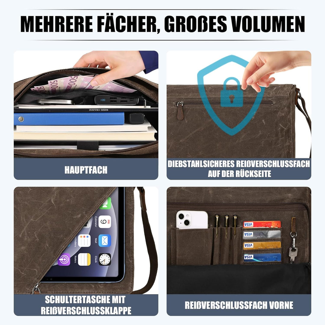 Eshow Umhängetasche Herren 15,6 Zoll Wasserabweisend, Laptoptasche Messenger Bag aus Echtleder und C