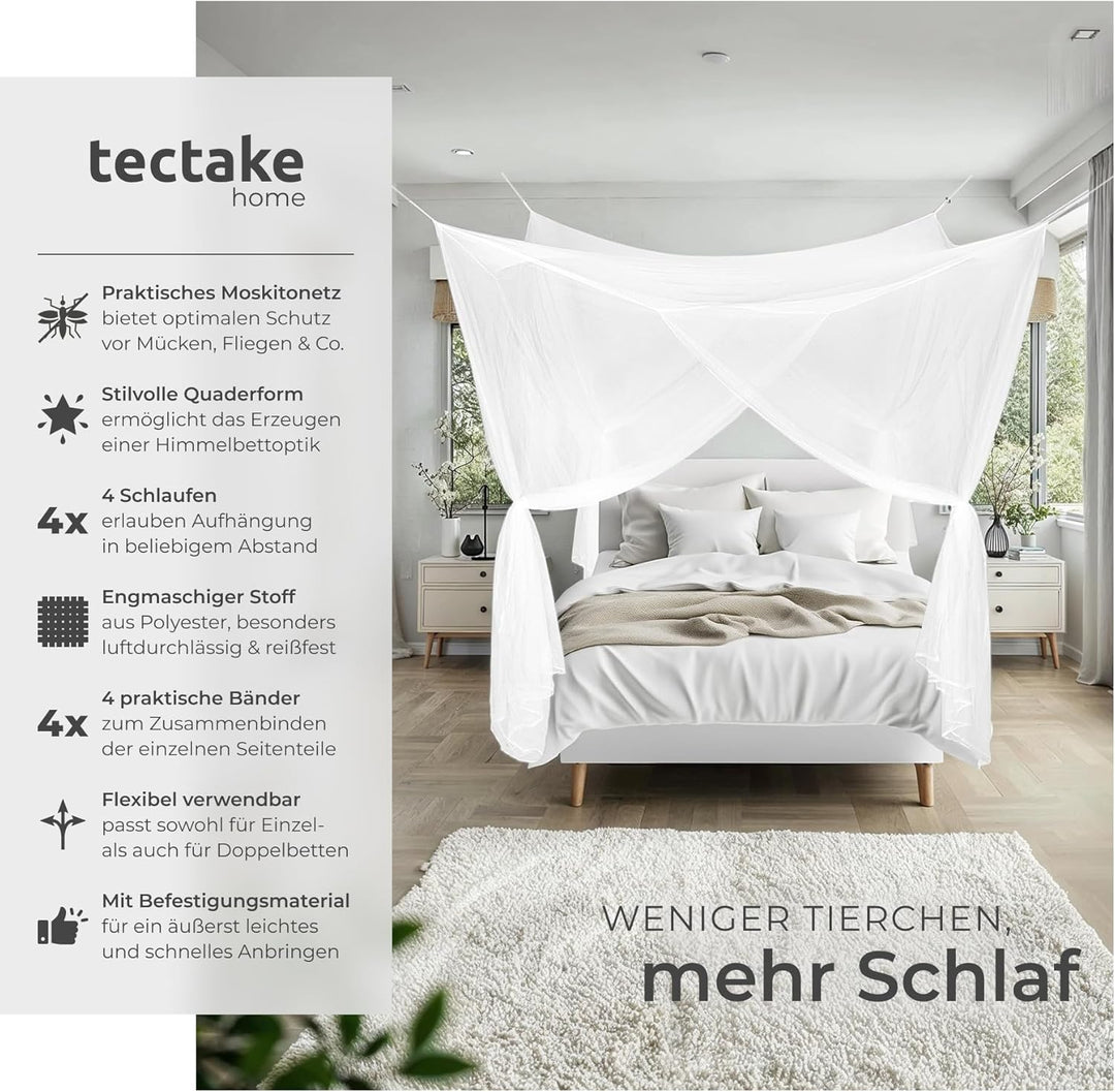 tectake® Moskitonetz Bett Mückenvorhang, Einzel- und Doppelbett, 220 x 220 x 210 cm, Mückenschutz Ca