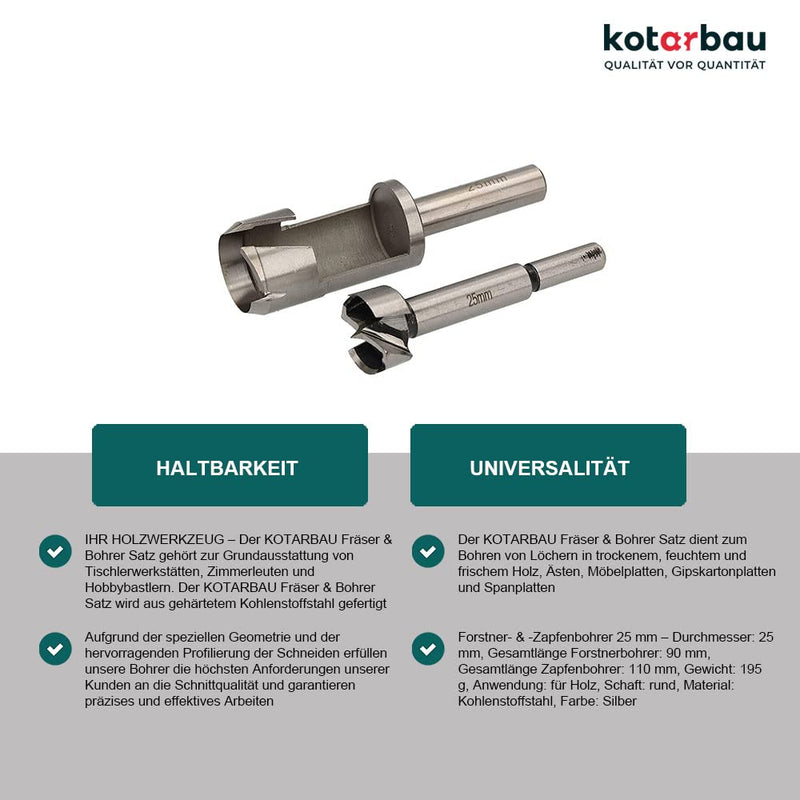 KOTARBAU® Fräser & Bohrer Satz 25 mm Holzbohrer Forstnerbohrer Zapfenbohrer Stopfenbohrer Bohrer Ast