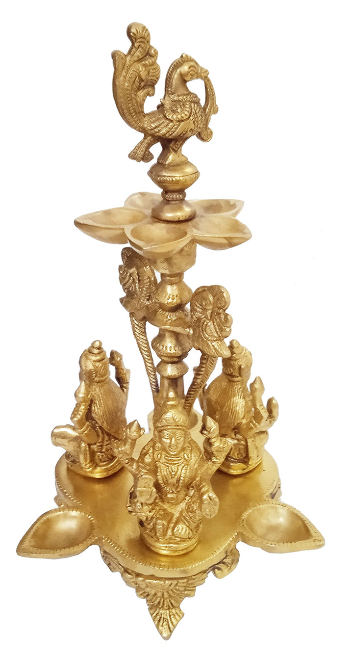Purpledip Kuthu Vilakku 12033B Öllampe aus Messing, antikes Design Royal Deepam Diya mit 3 Lakshmi,