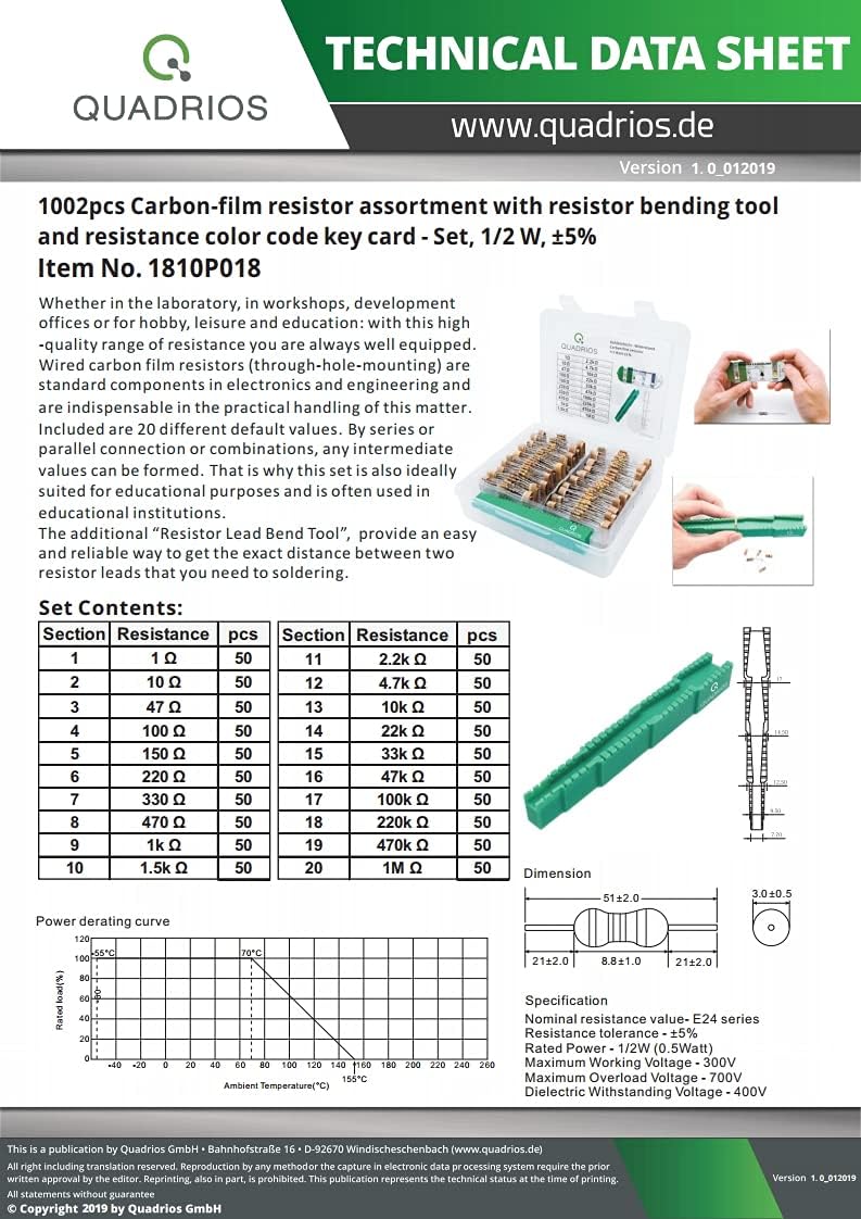 QUADRIOS GmbH Widerstands Sortiment Set Box Kohleschicht-Widerstände bedrahtet 1Ohm - 1M Ohm Sortime