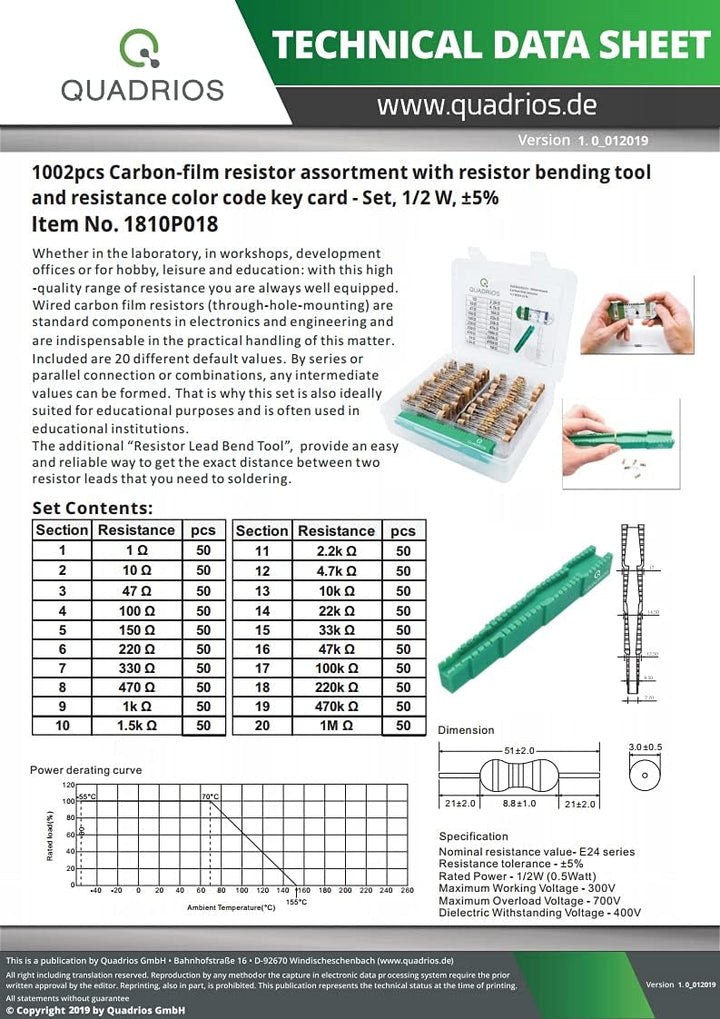 QUADRIOS GmbH Widerstands Sortiment Set Box Kohleschicht-Widerstände bedrahtet 1Ohm - 1M Ohm Sortime