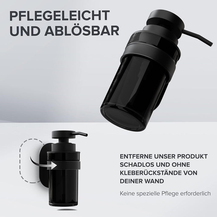 ovimar Seifenspender Lokta | schwarz | Wandmontage ohne Bohren | aus Edelstahl und schwarzem Glas |