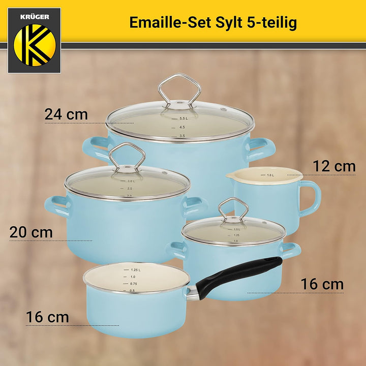 Krüger Emaille-Set Sylt 5 teilig - Emaille-Topfset aus Fleischtopf, Stieltopf und Milchtopf - Töpfe