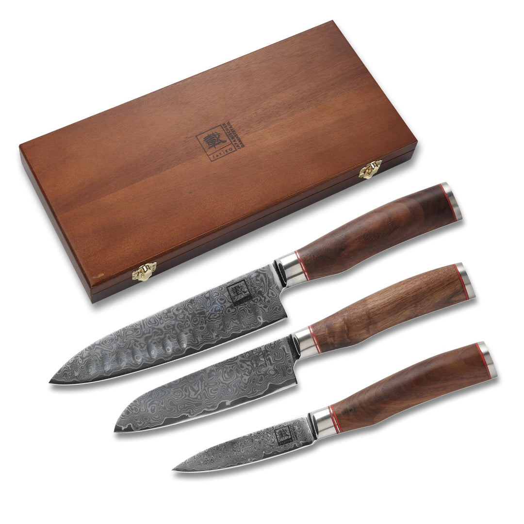 zayiko Kurumi 3er Damastmesser Set mit Klingen von 9,50 cm - 17,50 cm I aus 67 Lagen | Damast Küchen