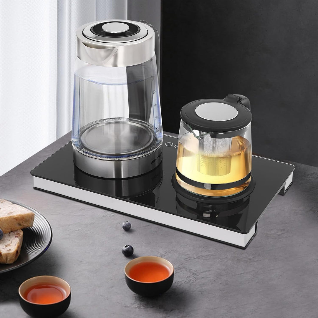 Elektrischer Wasserkocher Set 2-in-1 1500W – Glas Edelstahl Doppel Kettle 2.5L + 1L LCD Touch Temper
