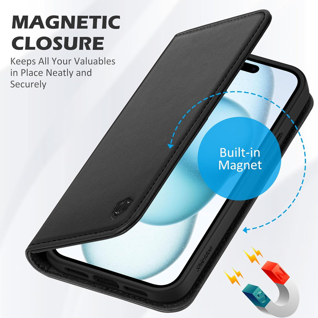 SHIELDON Hülle für iPhone 15 Plus, 5G Handyhülle [Echtleder] [Kartenfach] [Magnet] [Standfunktion] [