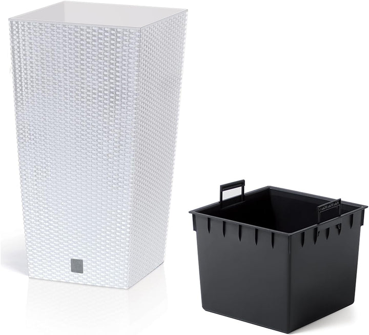 Prosperplast Rato Square Blumentopf 26,5 x 26,5 x 50 cm Weiss | Moderner Pflanzkübel in Rattan-Optik
