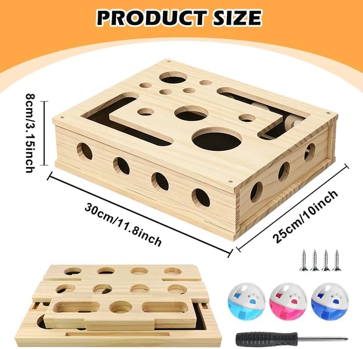 Kratzpuzzle Spielbox Holz: 30 x 25 cm Beschäftigungsbox Krallenfeile Katzen mit mattierten Aufkleber
