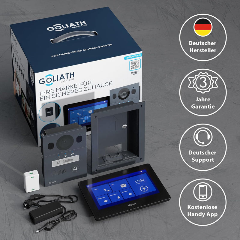GOLIATH Basic Video Türsprechanlage, 2 Draht Bus, 7" Monitor, Unterputz Türklingel mit Kamera, Gegen