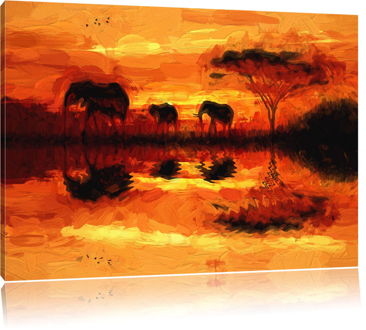 Pixxprint Elefantenam Wasser im Sonnenuntergang Pinsel Effekt, Format: 100x70 auf Leinwand, 100x70