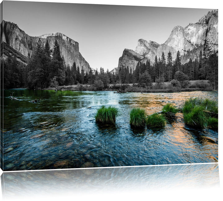 seichter Fluss vor Berglandschaft schwarz/weiss Format: 100x70 auf Leinwand, XXL riesige Bilder fert
