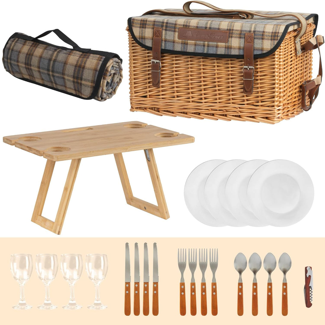 CampFeuer Picknickkorb 4 Personen mit Geschirr-Set und Serviertisch | 25-teilig | Picknickkoffer mit