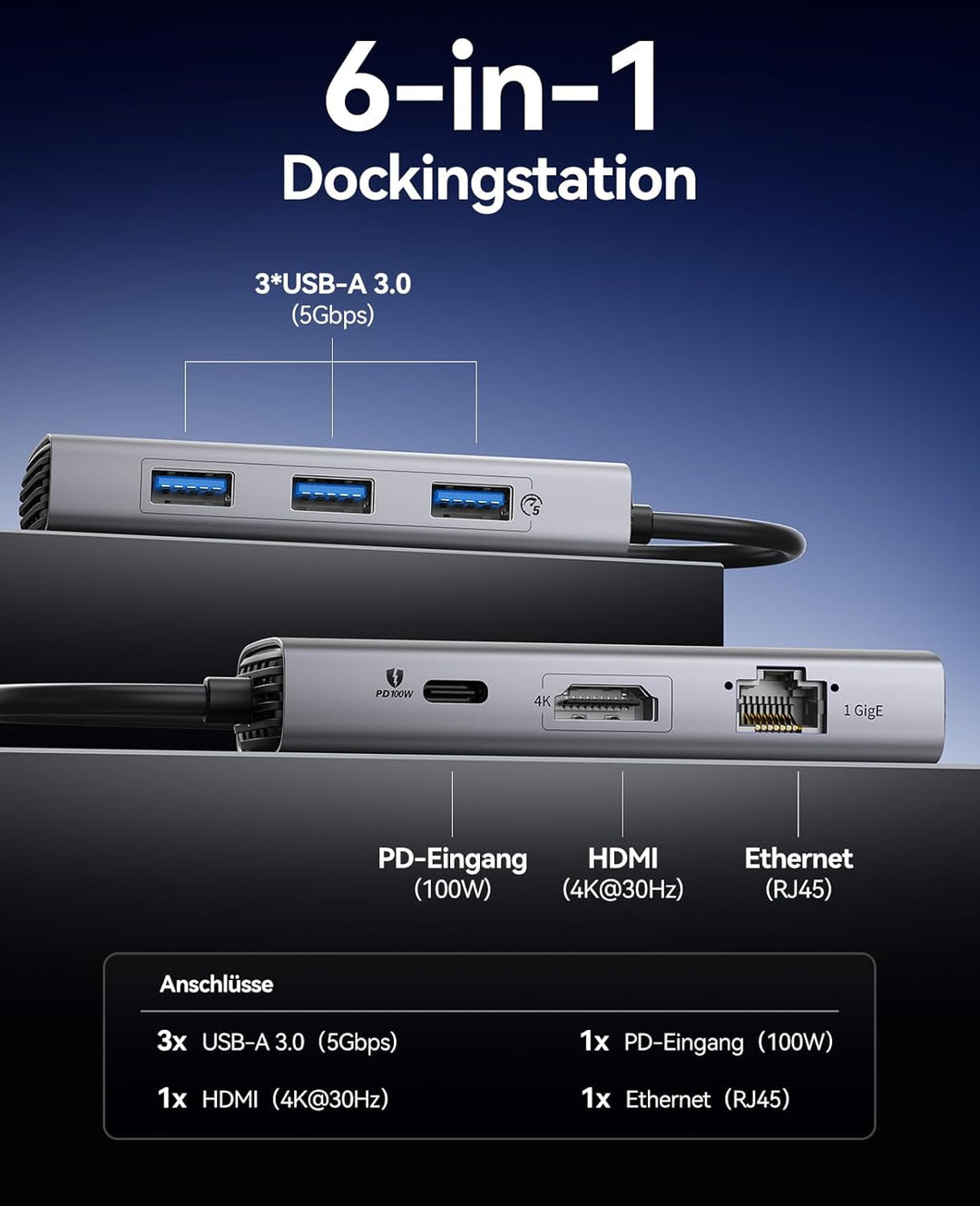 ORICO Docking Station, 6 in 1 USB C Hub Dock mit HDMI 4K@30Hz+PD100W+3×USB3.0+Ethernet, USB 3.0 Hub