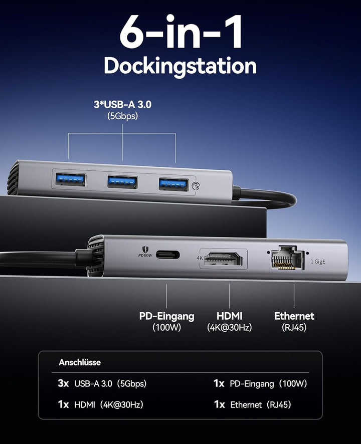 ORICO Docking Station, 6 in 1 USB C Hub Dock mit HDMI 4K@30Hz+PD100W+3×USB3.0+Ethernet, USB 3.0 Hub