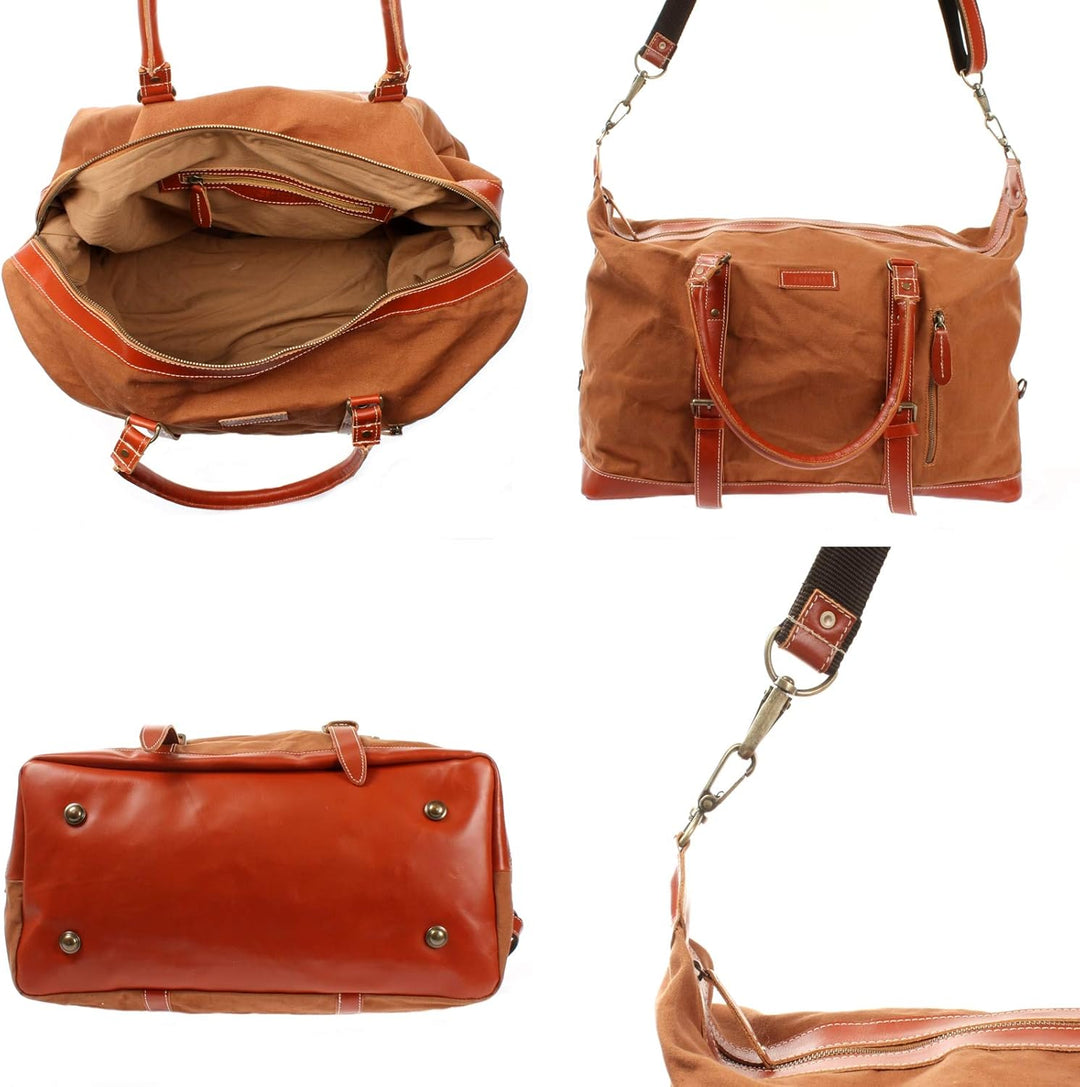 LECONI Weekender gross Canvas + Echt-Leder Retro Reisetasche Unisex Damen + Herren Sporttasche Reise
