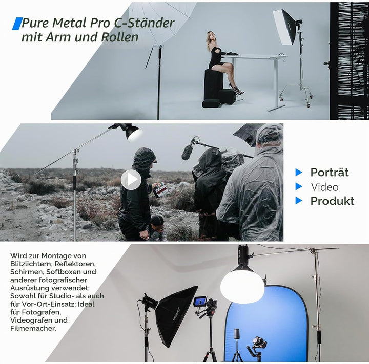 NEEWER Pro 100% Metall C Ständer Lichtständer mit Rädern, max. Höhe 330 cm Verstellbarer Reflektorst