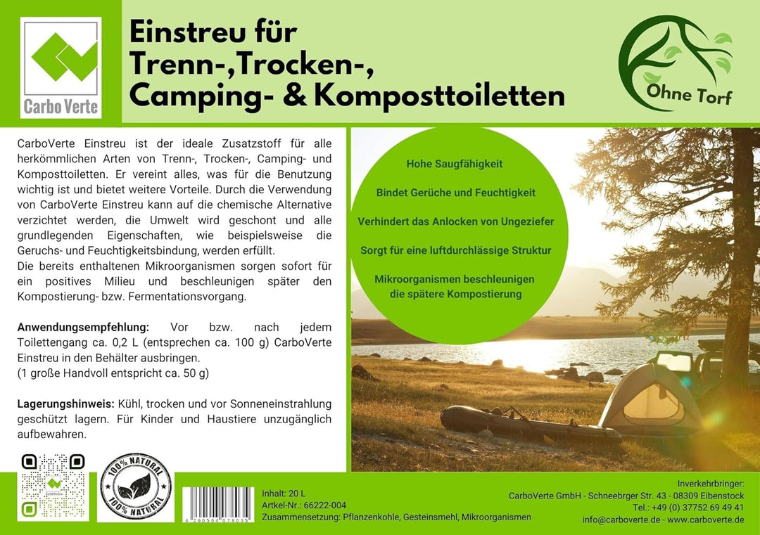 20 L Einstreu für Trenn-, Trocken-, Camping- & Komposttoiletten, Streu ohne Torf, mit Pflanzenkohle