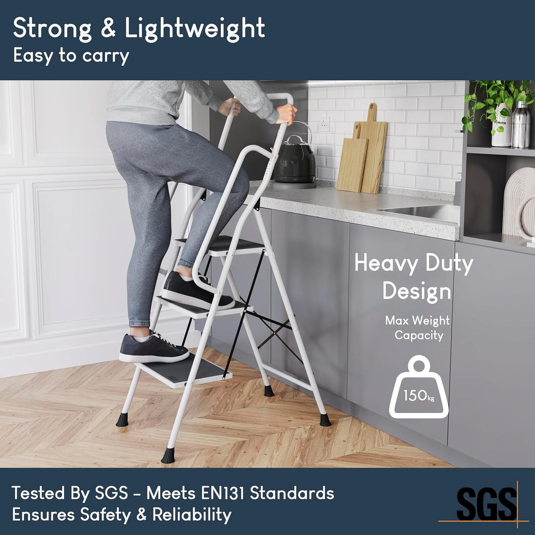 Home Discount® 3 Trittleiter mit Sicherheitsgeländer faltbar Safety rutschfeste matt Safe Heavy Duty
